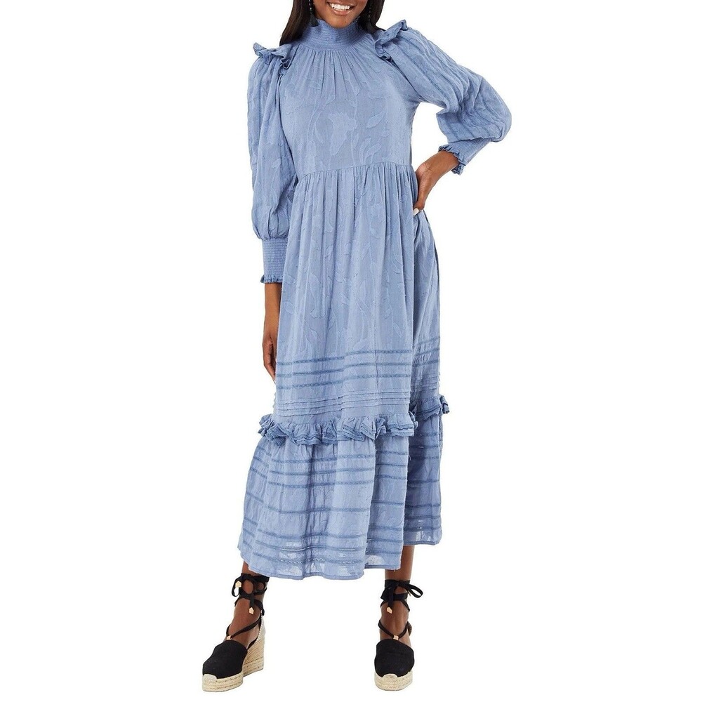 Roller Rabbit Fil Coupe Delfia Dress Long Sleeve Mock Neck Ruffle Shoulder Trim